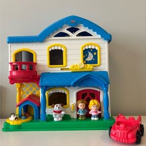 Fisher-Price Blue, White & Yellow Playhouse with Figures and Red Car